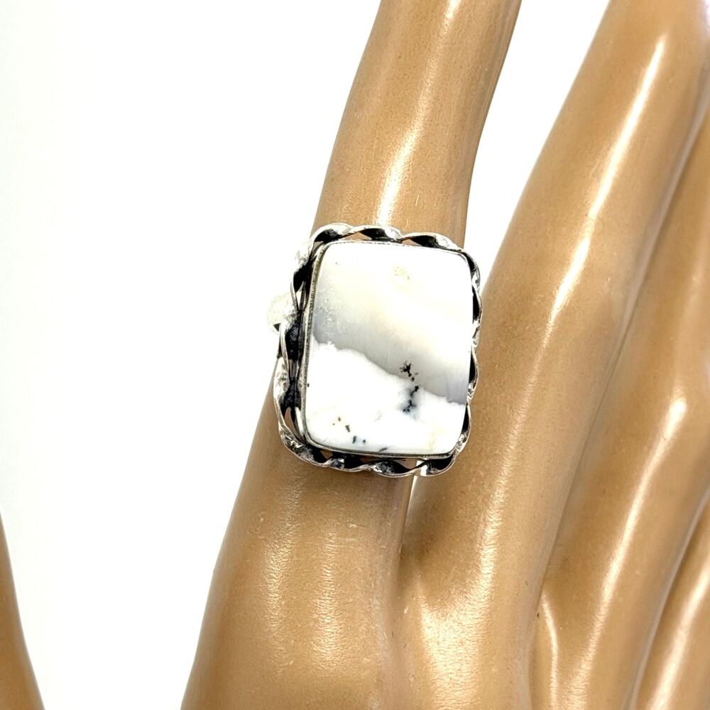 Hand Crafted Dendritic Agate Ring Silver Plated Adjustable 5.5–6‎ Gift Boxed